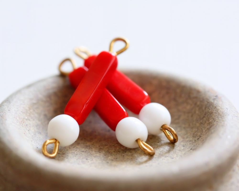 Vintage Red White With Brass Loops Connector Glass Beads