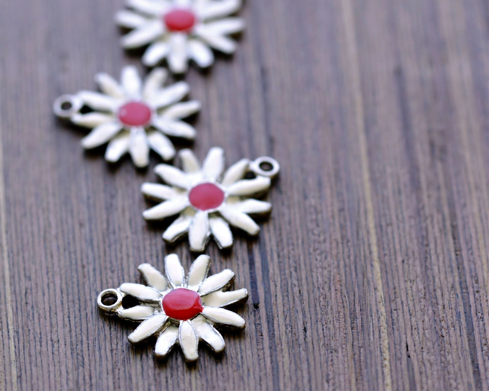 Vintage Red White Enameled Daisy Flower Metal Charms - Last Lot